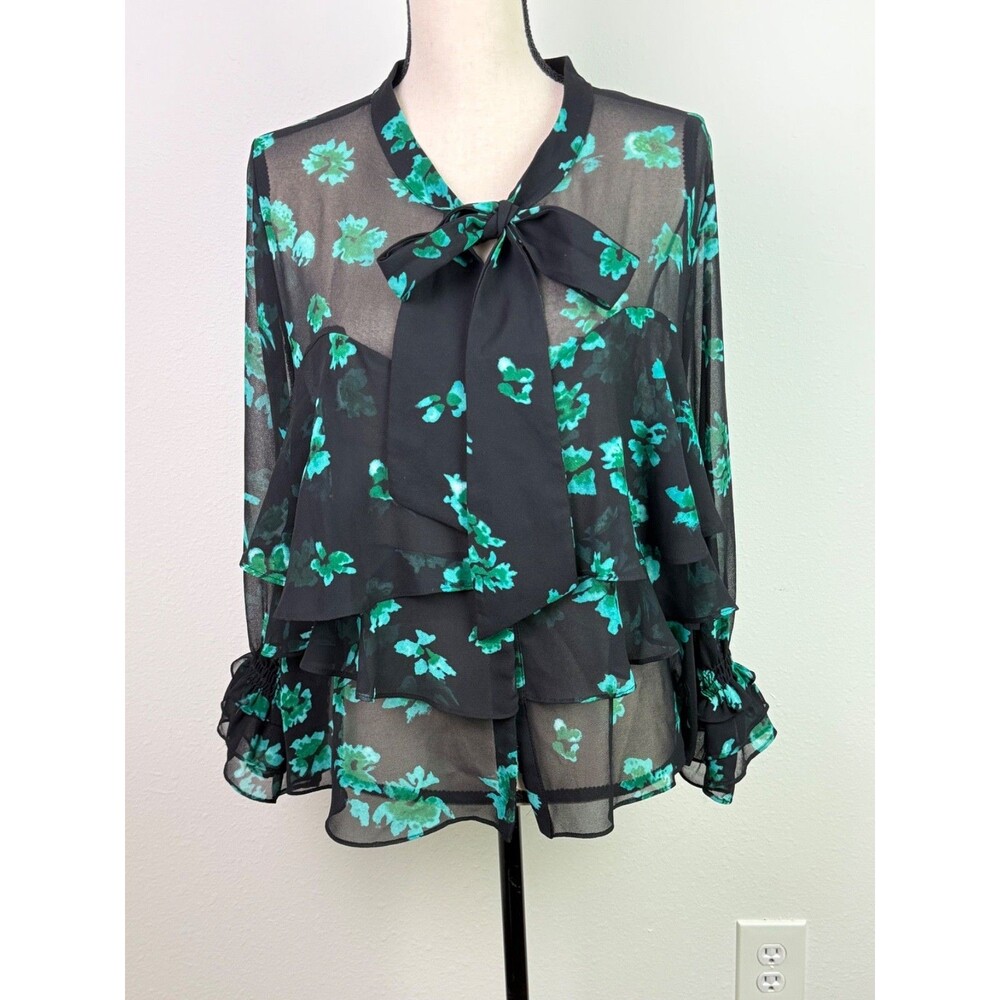 Misa Los Angeles Black Green Floral Ruffle Blouse Large Semi Sheer Romantic Boho